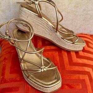Paige Gold Wedge Sandals, size 8